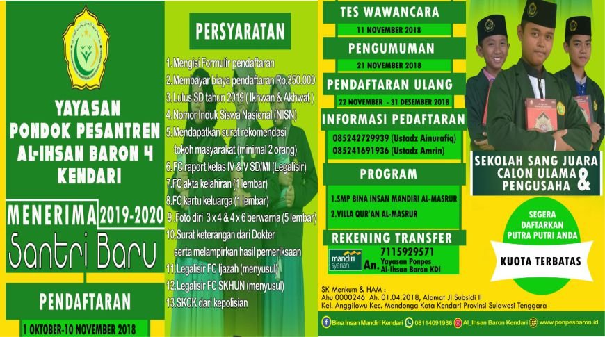 seleksi penerimaan santri baru tahun ajaran 2019-2020 pondok pesantren baron 4 kendari kecil